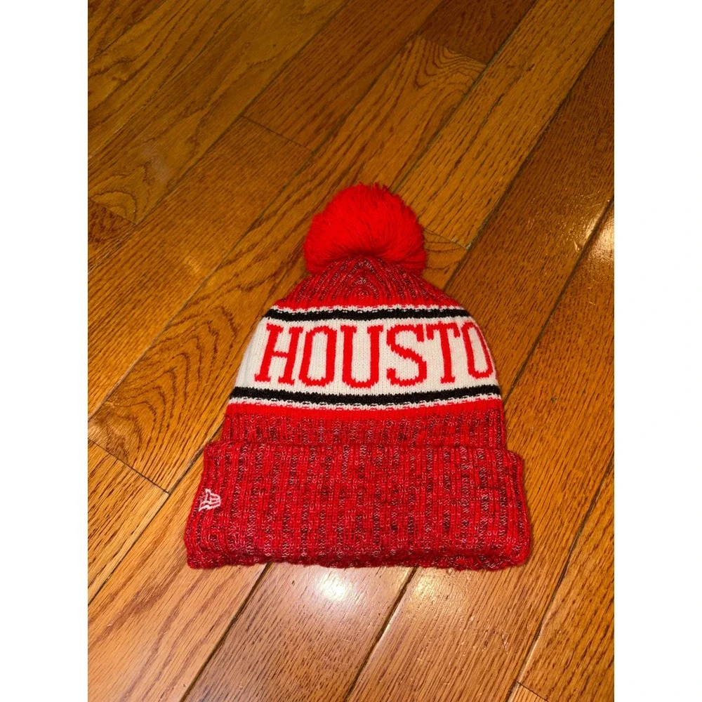 New Era Houston Rockets NBA Youth‎ Pom Beanie Red White Knit Fleece Lined Hat